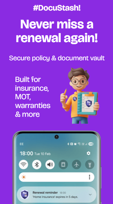 DocuStash app - Never miss a renewal again, showing push notification reminder on Android phone