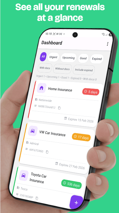 DocuStash dashboard - see all your renewals at a glance with colour-coded urgency