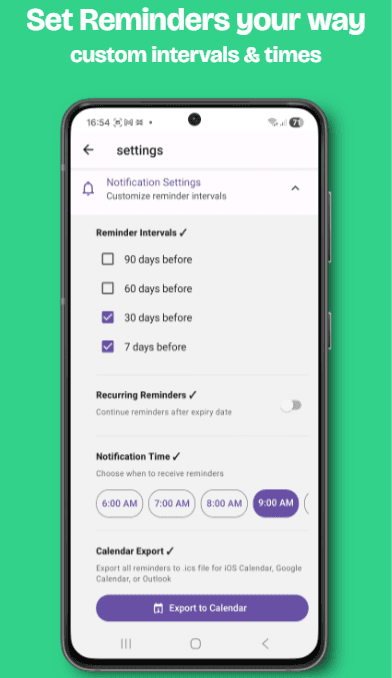 DocuStash custom reminder intervals and calendar export settings